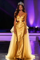 Load image into Gallery viewer, Yellow Mermaid Spaghetti Straps Satin Long Pageant Dress with Cape