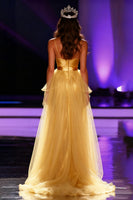 Load image into Gallery viewer, Yellow Mermaid Spaghetti Straps Satin Long Pageant Dress with Cape