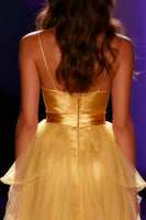 Load image into Gallery viewer, Yellow Mermaid Spaghetti Straps Satin Long Pageant Dress with Cape