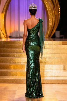 Sparkly Dark Green One Shoulder Long Sequin Pageant Dress with Slit