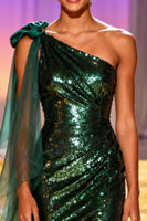 Load image into Gallery viewer, Sparkly Dark Green One Shoulder Long Sequin Pageant Dress with Slit