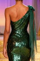Load image into Gallery viewer, Sparkly Dark Green One Shoulder Long Sequin Pageant Dress with Slit