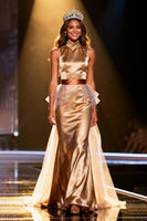 Load image into Gallery viewer, Champagne Satin High Neck Mermaid Long Pageant Dress with Cape