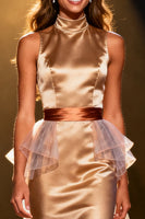 Load image into Gallery viewer, Champagne Satin High Neck Mermaid Long Pageant Dress with Cape