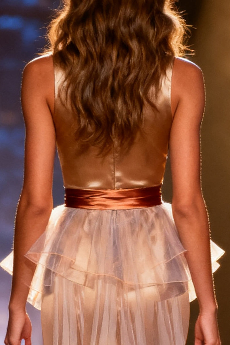 Load image into Gallery viewer, Champagne Satin High Neck Mermaid Long Pageant Dress with Cape