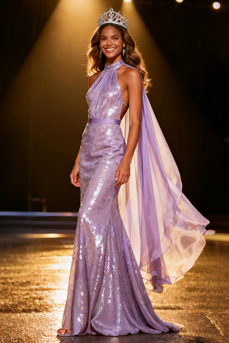 Load image into Gallery viewer, Sparkly Light Purple Halter Mermaid Sequin Long Pageant Dress