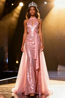 Load image into Gallery viewer, Sparkly Light Pink Halter Sequin Mermaid Long Pageant Dress with Sash