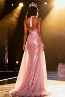 Load image into Gallery viewer, Sparkly Light Pink Halter Sequin Mermaid Long Pageant Dress with Sash