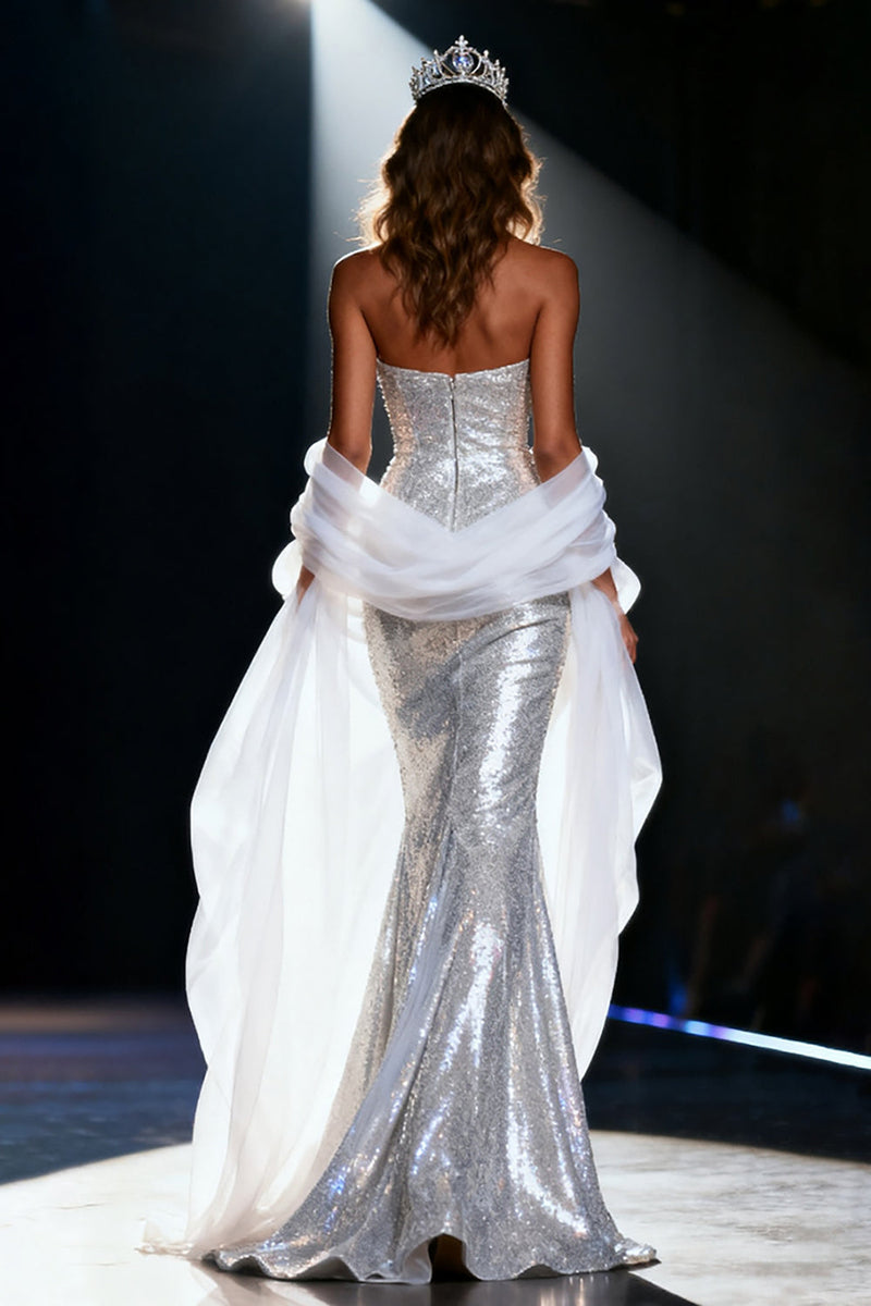 Load image into Gallery viewer, Sparkly Silver Mermaid Sequin Sweetheart Long Pageant Dress with Shawl