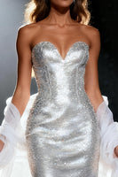 Load image into Gallery viewer, Sparkly Silver Mermaid Sequin Sweetheart Long Pageant Dress with Shawl