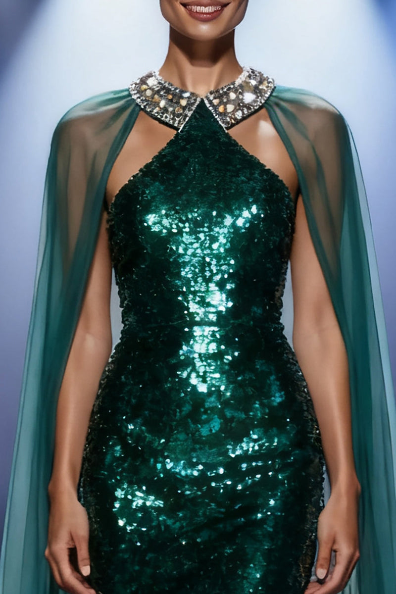 Load image into Gallery viewer, Sparkly Dark Green Mermaid Halter Sequin Long Pageant Dress with Cape