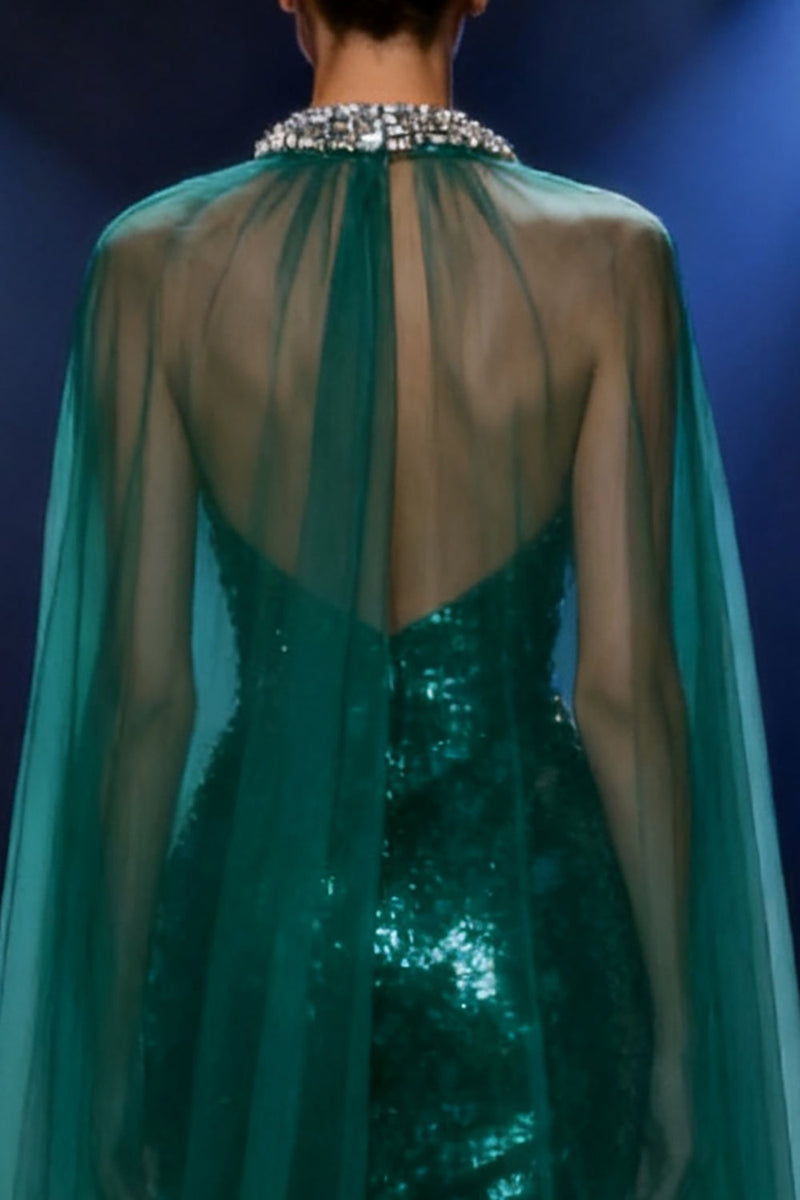Load image into Gallery viewer, Sparkly Dark Green Mermaid Halter Sequin Long Pageant Dress with Cape