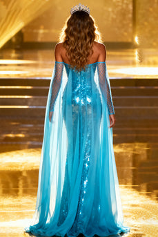 Sparkly Lake Blue Mermaid Sequin Sweetheart Maxi Pageant Dress with Cape