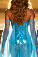 Load image into Gallery viewer, Sparkly Lake Blue Mermaid Sequin Sweetheart Maxi Pageant Dress with Cape