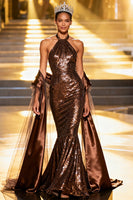 Load image into Gallery viewer, Sparkly Coffee Halter Mermaid Sequin Long Pageant Dress with Shawl