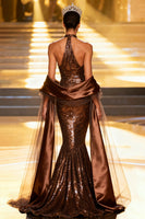 Load image into Gallery viewer, Sparkly Coffee Halter Mermaid Sequin Long Pageant Dress with Shawl