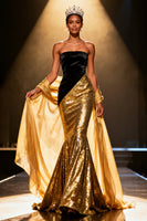 Load image into Gallery viewer, Sparkly Gold Strapless Mermaid Long Pageant Dress with Shawl