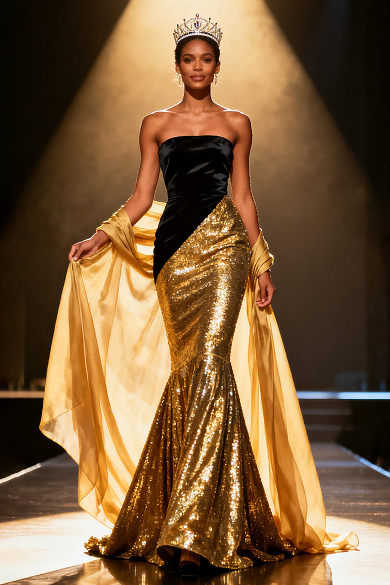 Load image into Gallery viewer, Sparkly Gold Strapless Mermaid Long Pageant Dress with Shawl