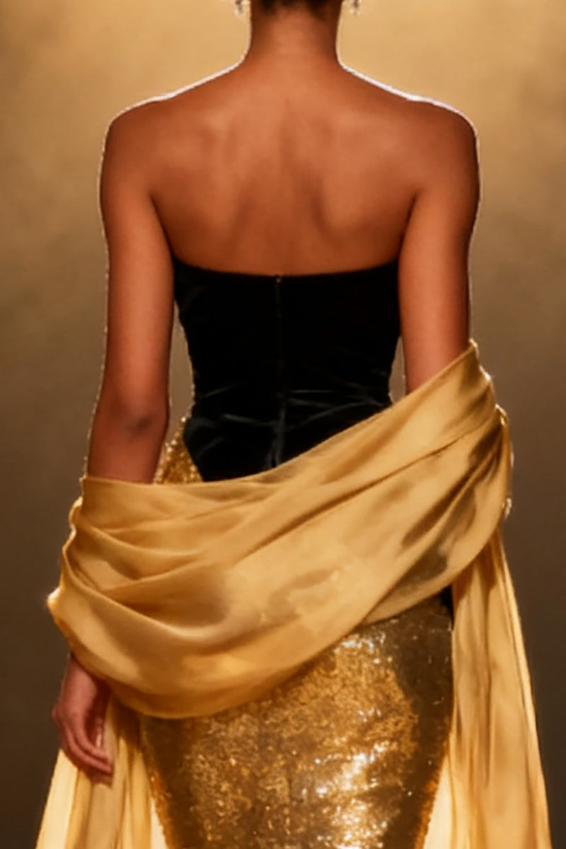 Load image into Gallery viewer, Sparkly Gold Strapless Mermaid Long Pageant Dress with Shawl