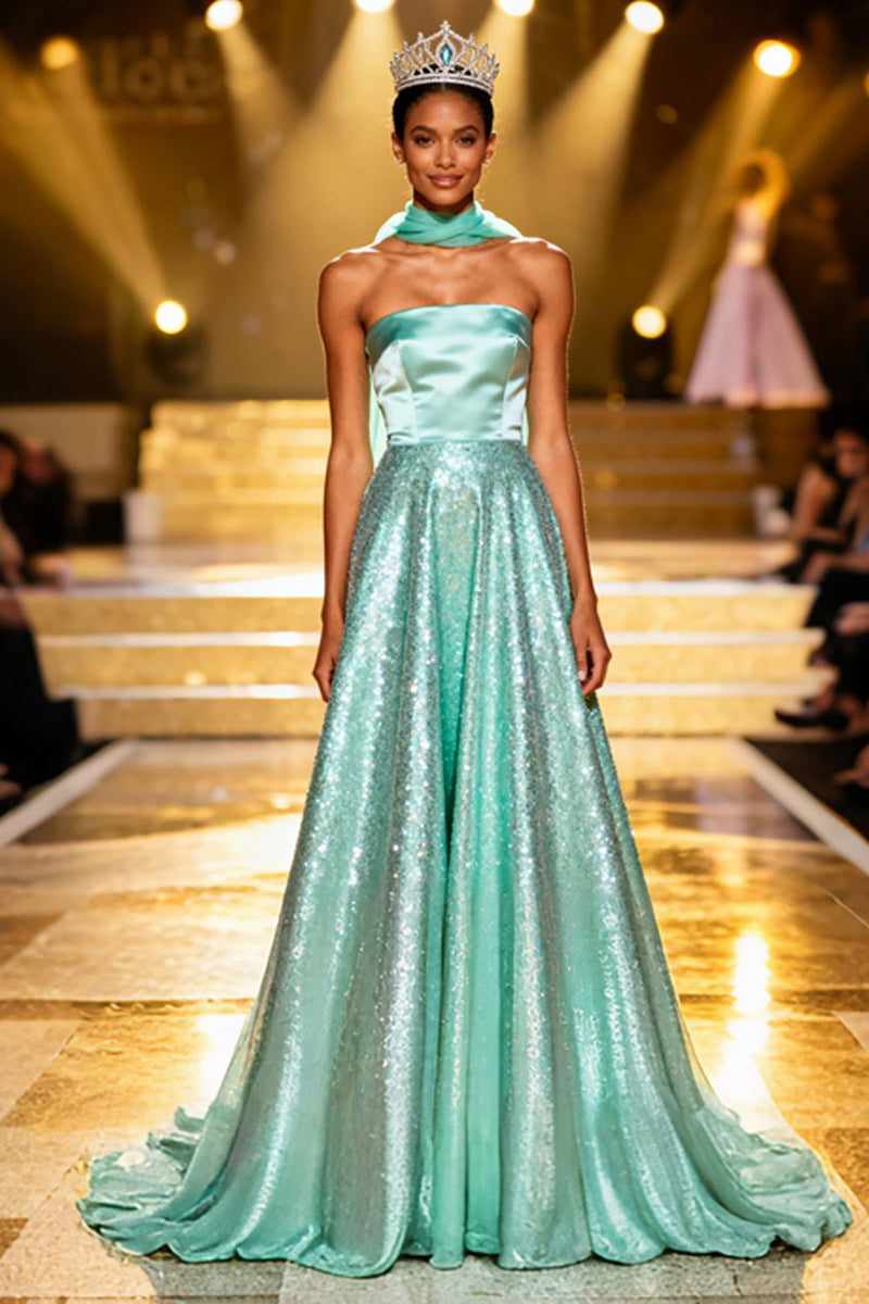 Load image into Gallery viewer, Sparkly Mint Green Strapless A Line Long Sequin Pageant Dress