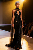 Load image into Gallery viewer, Sparkly Black Neck Scarf Sequins V-Neck Long Pageant Dress