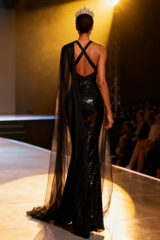 Sparkly Black Neck Scarf Sequins V-Neck Long Pageant Dress