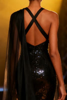 Load image into Gallery viewer, Sparkly Black Neck Scarf Sequins V-Neck Long Pageant Dress