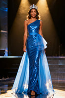 Load image into Gallery viewer, Sparkly Royal Blue Mermaid One Shoulder Sequins Long Pageant Dress with Sash