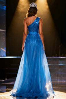 Sparkly Royal Blue Mermaid One Shoulder Sequins Long Pageant Dress with Sash