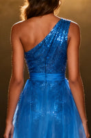Load image into Gallery viewer, Sparkly Royal Blue Mermaid One Shoulder Sequins Long Pageant Dress with Sash