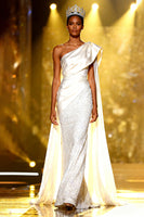 Load image into Gallery viewer, Sparkly White Mermaid One Shoulder Sequins Long Pageant Dress with Side Cape