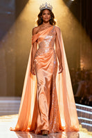 Load image into Gallery viewer, Sparkly Orange Satin Sequins Mermaid Ruched Long Pageant Dress with Cape