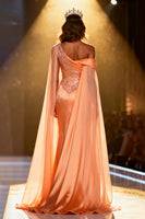 Load image into Gallery viewer, Sparkly Orange Satin Sequins Mermaid Ruched Long Pageant Dress with Cape