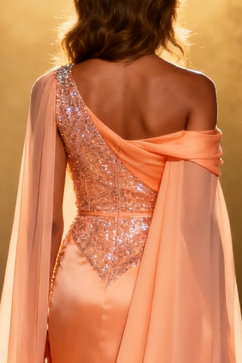 Load image into Gallery viewer, Sparkly Orange Satin Sequins Mermaid Ruched Long Pageant Dress with Cape