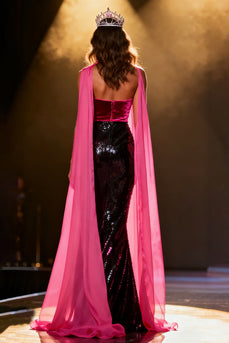 Sparkly Black and Pink Neck Scarf Sequins Sweetheart Mermaid Long Pageant Dress with Slit