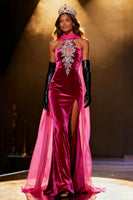 Load image into Gallery viewer, Sparkly Fuchsia Mermaid Neck Scarf Velvet Rhinestone Long Pageant Dress with Slit