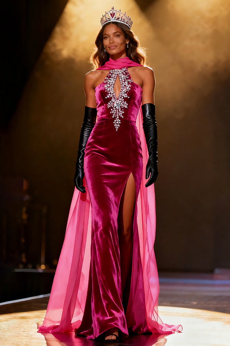 Load image into Gallery viewer, Sparkly Fuchsia Mermaid Neck Scarf Velvet Rhinestone Long Pageant Dress with Slit