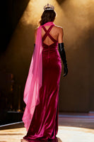 Load image into Gallery viewer, Sparkly Fuchsia Mermaid Neck Scarf Velvet Rhinestone Long Pageant Dress with Slit