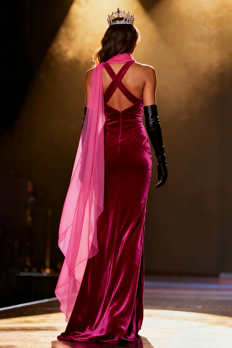 Load image into Gallery viewer, Sparkly Fuchsia Mermaid Neck Scarf Velvet Rhinestone Long Pageant Dress with Slit