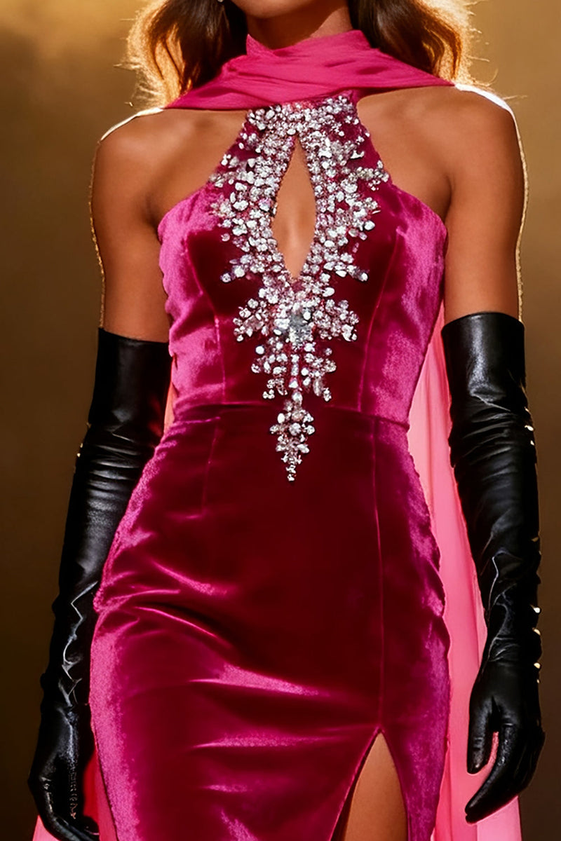 Load image into Gallery viewer, Sparkly Fuchsia Mermaid Neck Scarf Velvet Rhinestone Long Pageant Dress with Slit