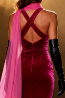 Load image into Gallery viewer, Sparkly Fuchsia Mermaid Neck Scarf Velvet Rhinestone Long Pageant Dress with Slit