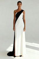 Load image into Gallery viewer, Black and White One Shoulder Sheath Maxi Formal Dress with Slit