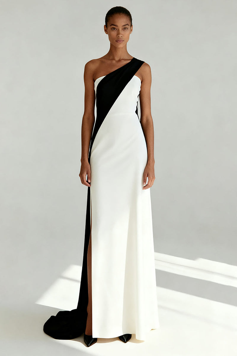 Load image into Gallery viewer, Black and White One Shoulder Sheath Maxi Formal Dress with Slit
