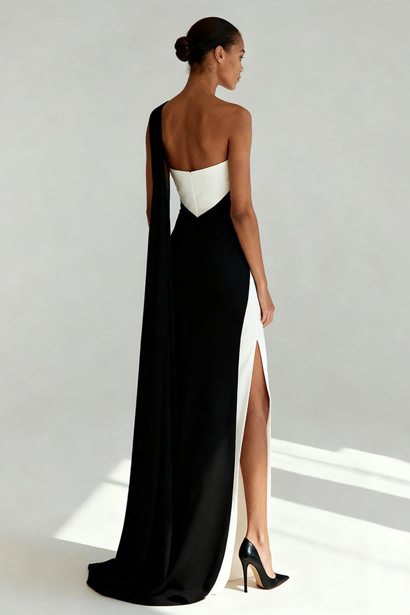 Load image into Gallery viewer, Black and White One Shoulder Sheath Maxi Formal Dress with Slit