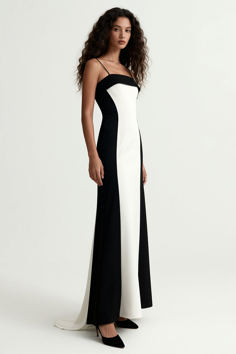 Load image into Gallery viewer, Black and White Spaghetti Straps Patchwork Long Formal Dress
