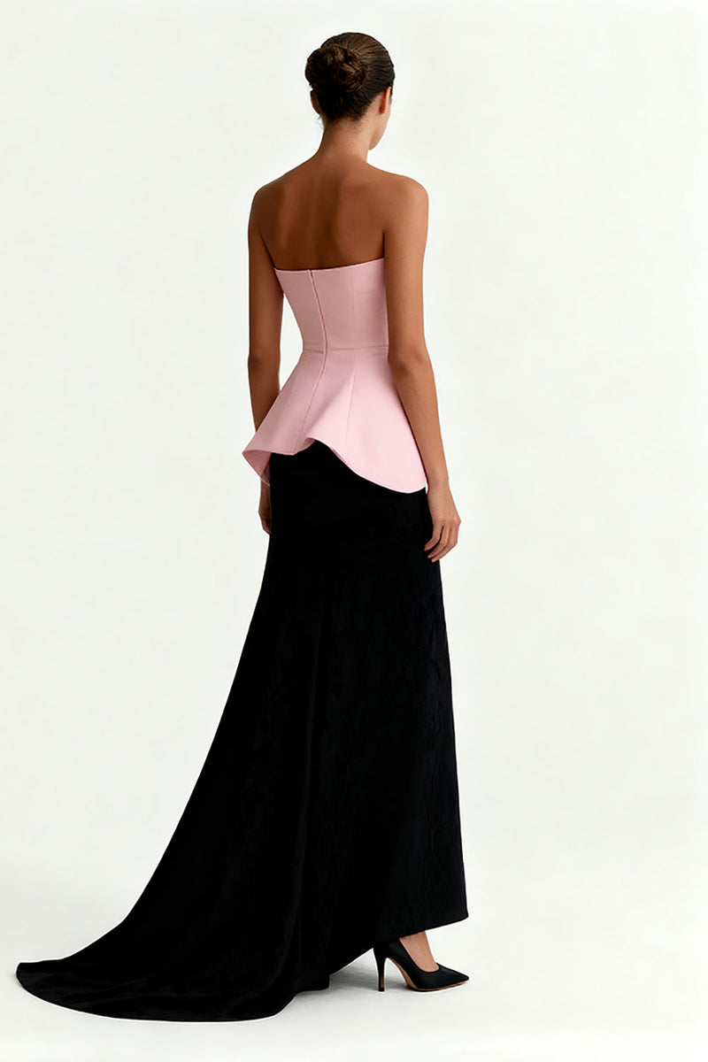 Load image into Gallery viewer, Black and Pink Satin Sheath Strapless Maxi Formal Dress