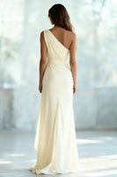 Load image into Gallery viewer, Ivory Chiffon Ruched Sheath One Shoulder Maxi Formal Dress