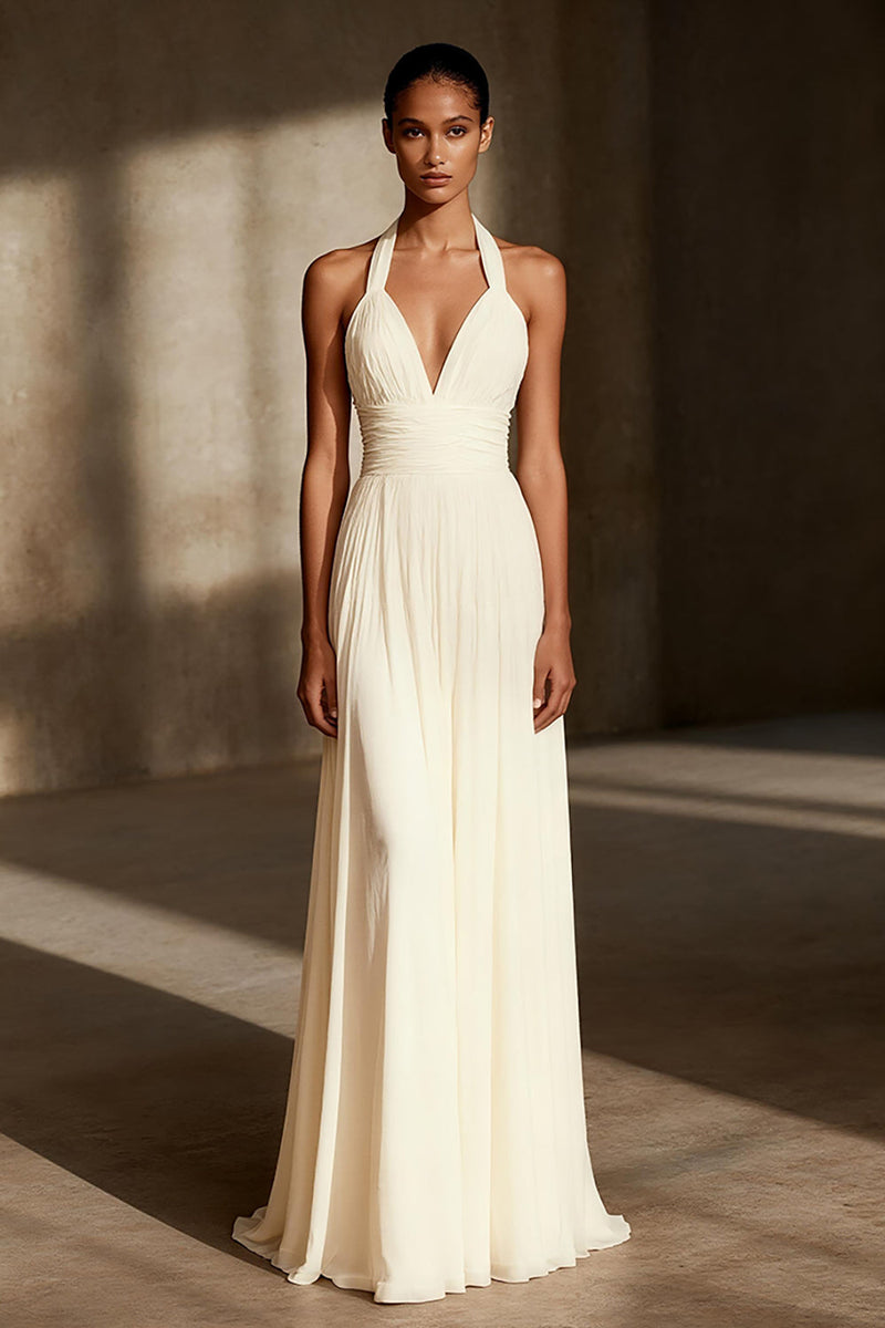 Load image into Gallery viewer, Women Ivory Sheath Long Formal Dress Chiffon Ruched Halter Wedding Reception Dress