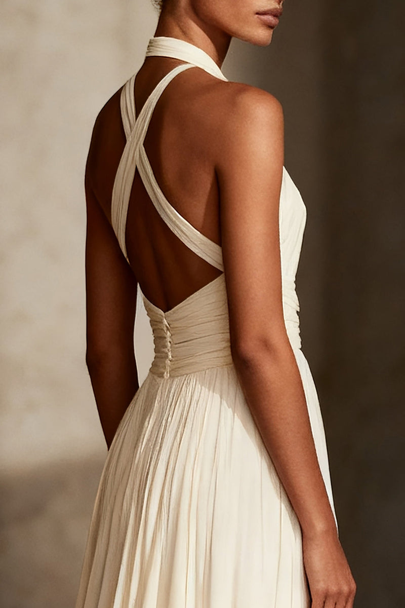Load image into Gallery viewer, Ivory Sheath Chiffon Halter Ruched Maxi Formal Dress
