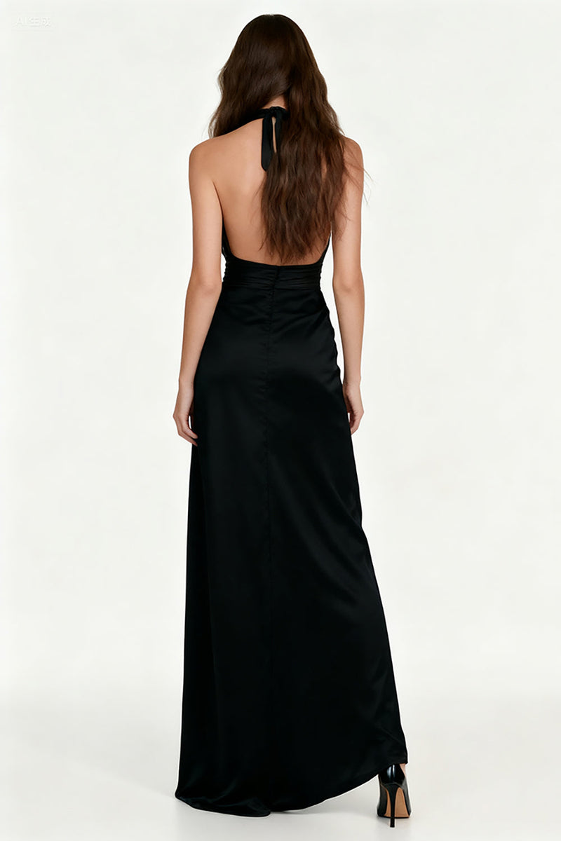 Load image into Gallery viewer, Black Halter Sheath Maxi Formal Dress with Sash